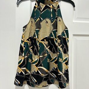 ReVamped Chain Print Halter Top Sleeveless Blouse Green Gold XS NWT